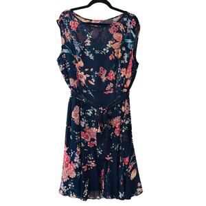 Roz & Ali Navy Blue Floral Sleeveless Dress Lined Side Zipper Size 18